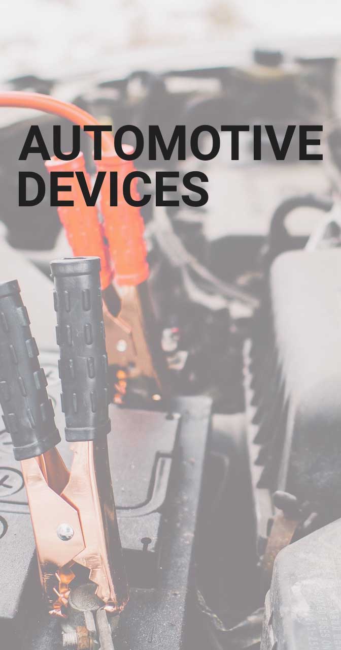 graphic reads: automotive devices - fuel injectors, ABS solenoids, switch controls, ignition controls, lighting assemblies, air bag initiators, air bag assemblies, motor assemblies, motor armatures, automotive sensors, automotive switches