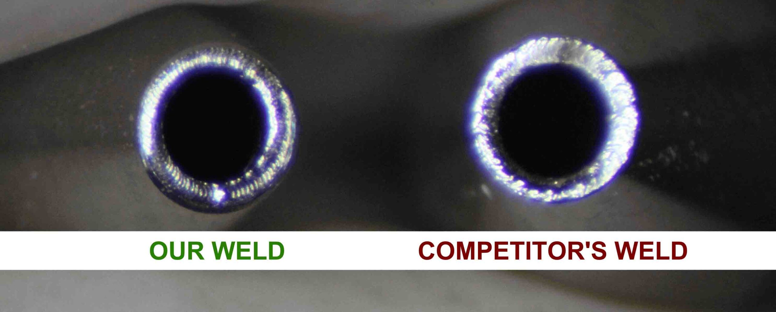 up close comparison image of two similar welds, one is a competitors with shoddy welding and ours shows a clean weld