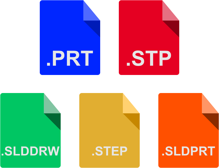 SolidWorks CAD Files Illustration, graphic reads: .prt, .stp, .slddrw, .step, .sldprt